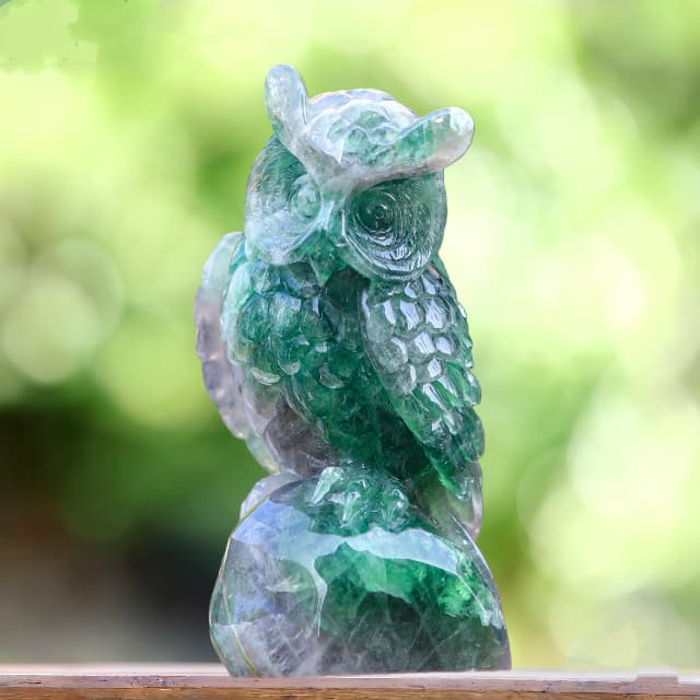 6.9" Fluorite Hand Carved Crystal Owl Sculpture