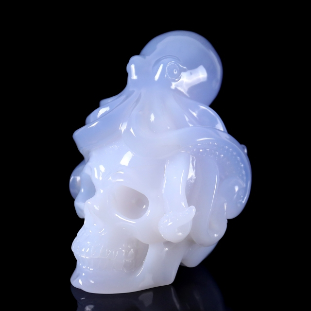 6.5 Inch Blue Chalcedony Hand-Carved Skull & Octopus Sculpture - Exquisite Craftsmanship Artwork
