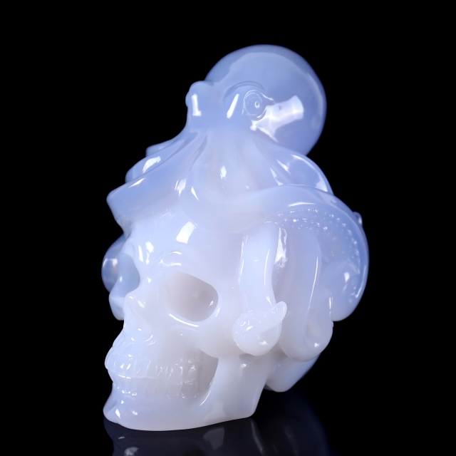 6.5 Inch Blue Chalcedony Hand-Carved Skull & Octopus Sculpture - Exquisite Craftsmanship Artwork