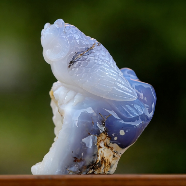 6.5" Blue Chalcedony Hand Carved Crystal Owl Sculpture
