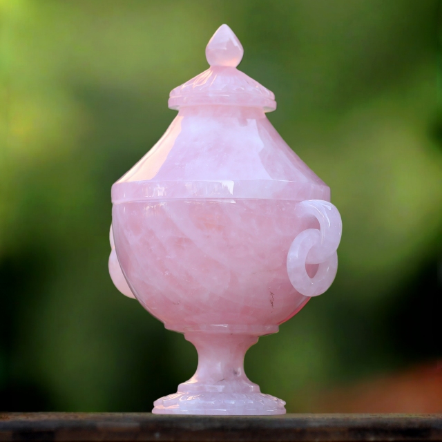 11.0” Natural Rose Quartz Hand Carved Decorative Storage,Candy Bowl with Lid