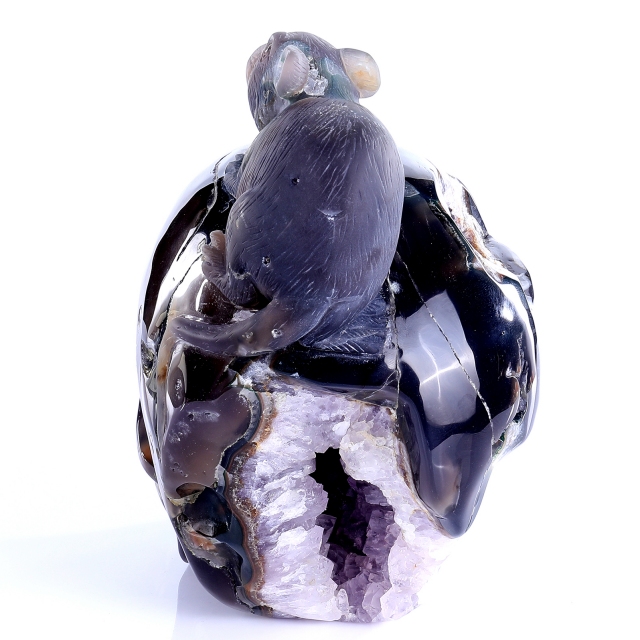 Hand-Carved Amethyst Cluster Skull with Mouse - Natural Gemstone Artifact for Crystal Collectors, Home Decor & Spiritual Practices