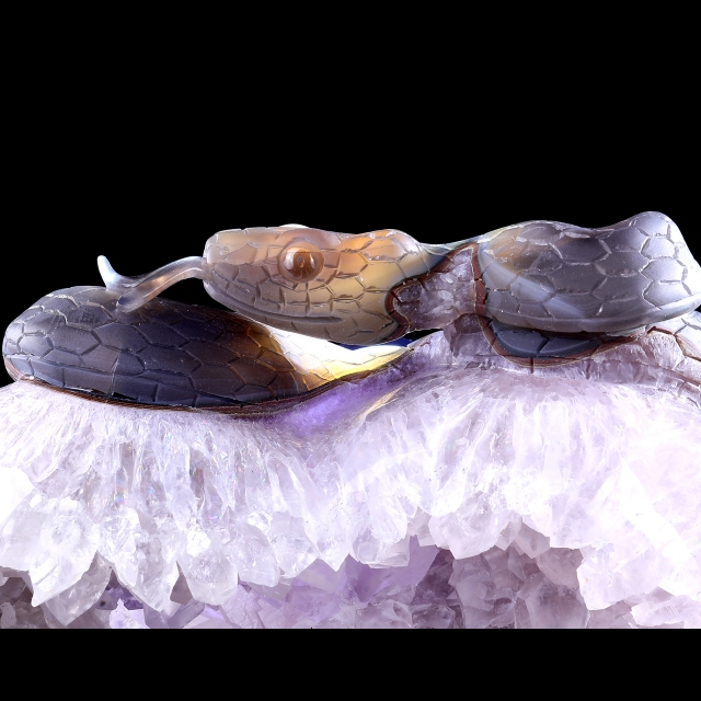 Hand-Carved Amethyst Cluster Heart Sculpture with Snake - Unique Crystal Artifact for Crystal Collectors, Home Accent & Spiritual Healing