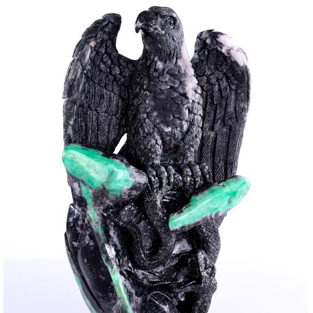 9.4" Emerald Hand Carved Crystal Eagle Catching Snake Sculpture