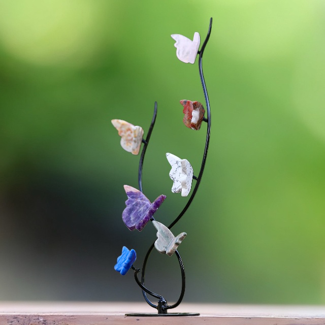 Natural Crystal Colorful Butterfly with Black Metal Stand