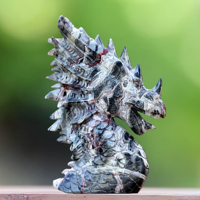 9.3" Red Lace Agate Hand Carved Crystal Dragon Skull Sculpture