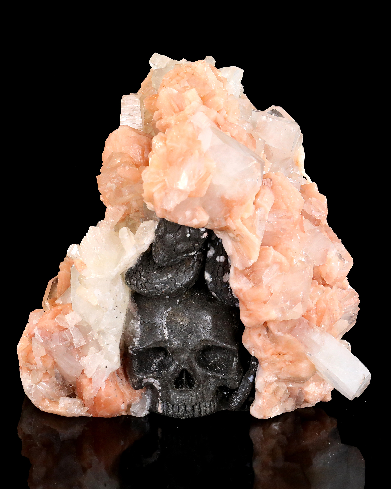 9.8” Unique Raw Indian Apophyllite with Stilbite Hand Carved Crystal Skull and Snake Sculpture, Unique Crystal Carving for Collectors