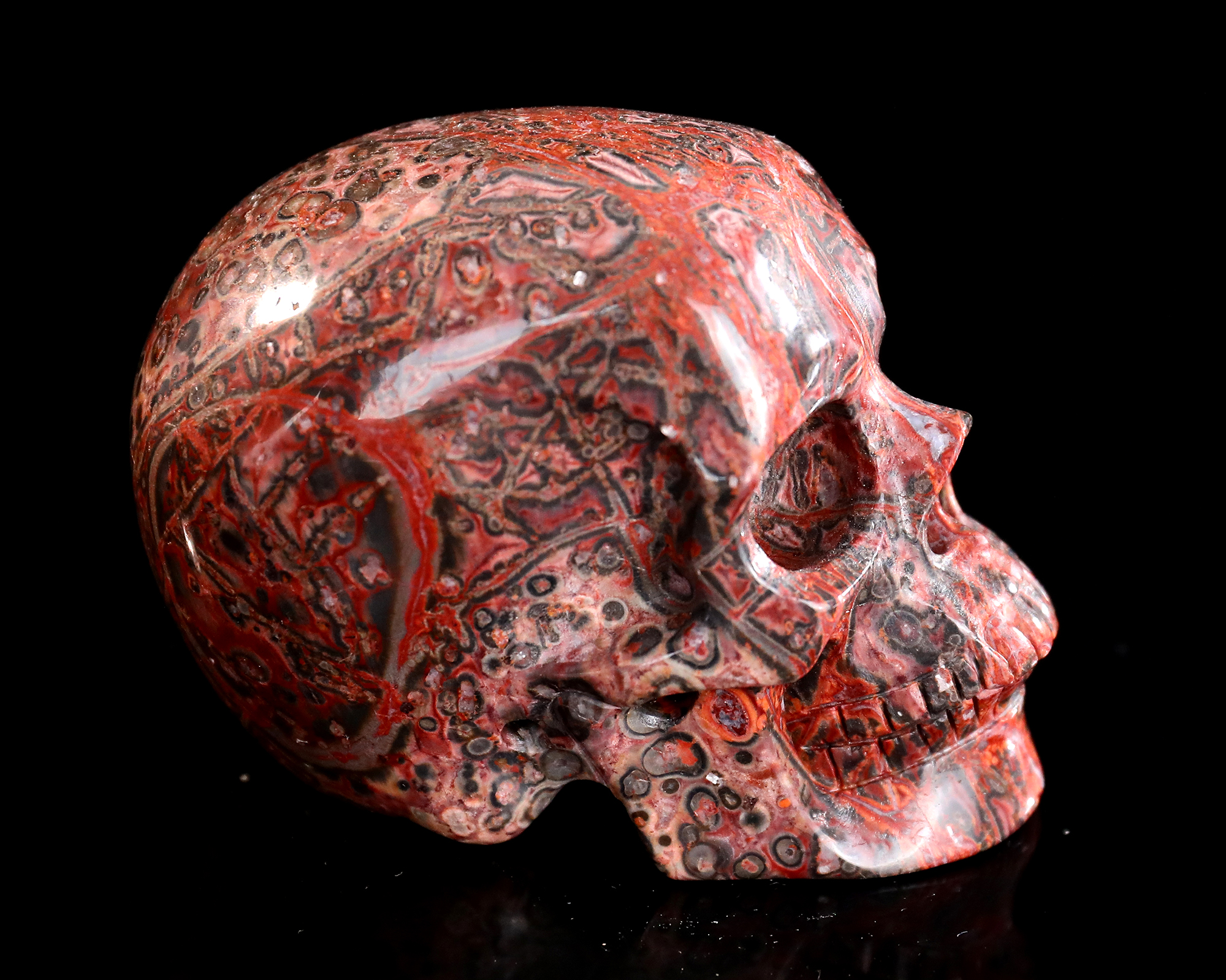 Flecked Orbicular Red Leopard Jasper Skull - Artisan Hand-Carved Natural Stone Sculpture