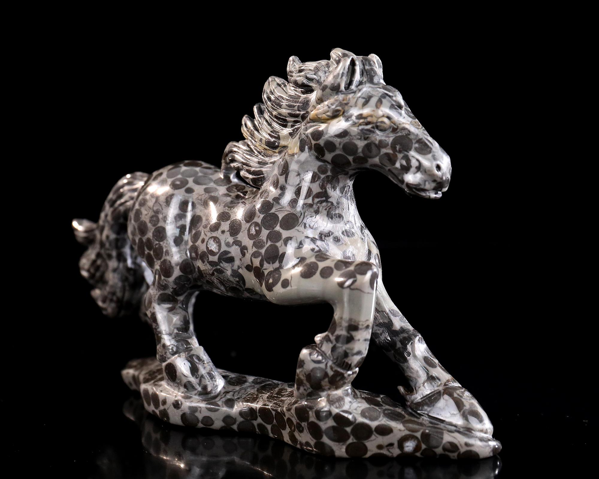Natural Leopard Skin Stone Galloping Horse Carving Handcrafted Gemstone Sculpture