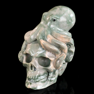 Natural Jiulong Jade Skull & Octopus Carving Handcrafted Gemstone Sculpture
