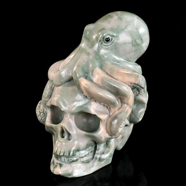 Natural Jiulong Jade Skull & Octopus Carving Handcrafted Gemstone Sculpture
