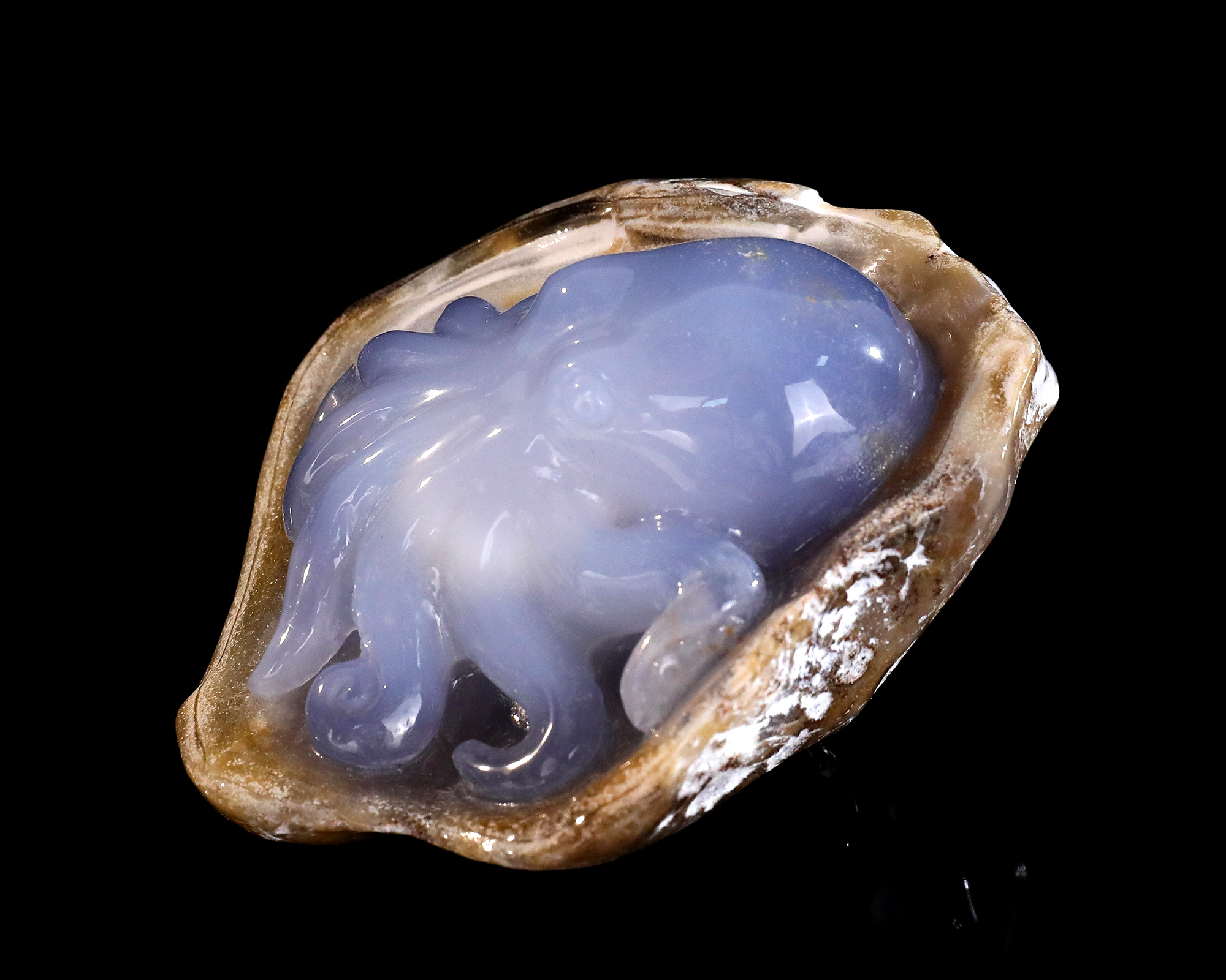 Natural Blue Chalcedony Octopus Carving Handcrafted Gemstone Figurine Stone Art Decor