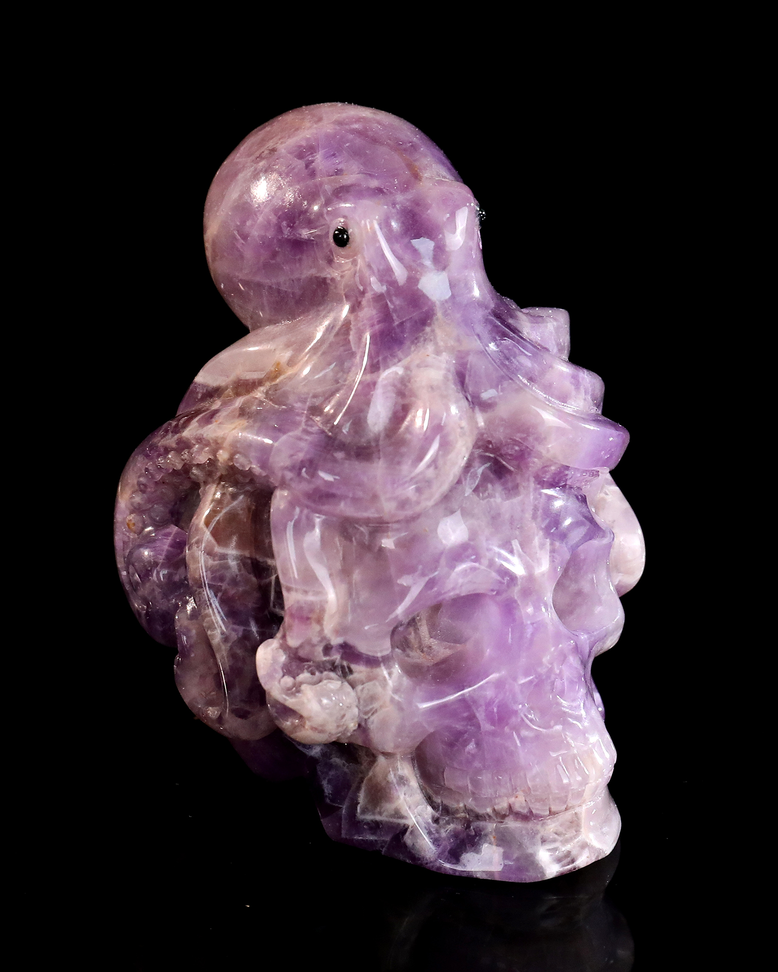 Amethyst Octopus on Skull Carving Hand-Carved Natural Crystal Decorative Art Piece