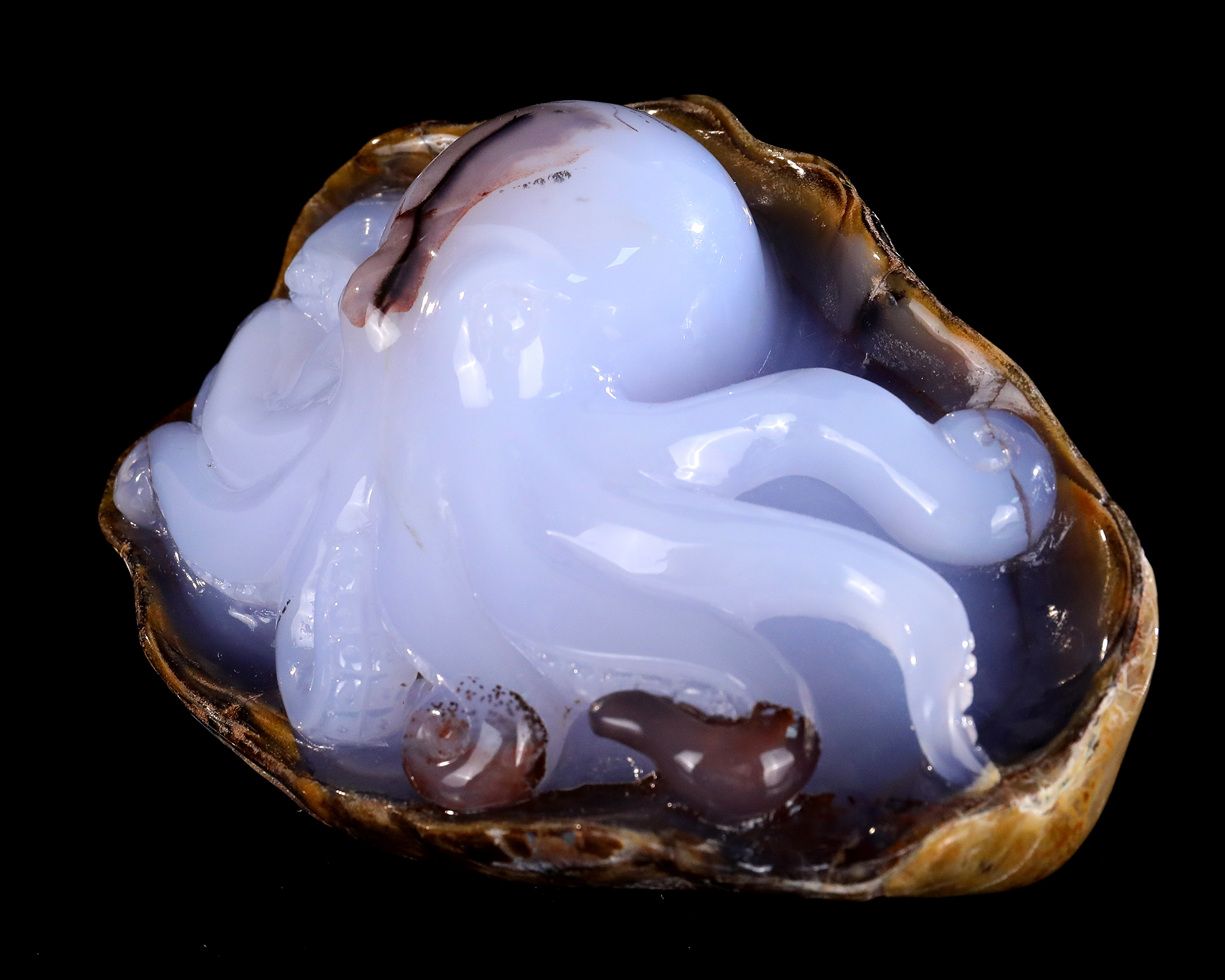 Hand-Carved Blue Chalcedony Octopus Sculpture Natural Crystal Gemstone Ornament