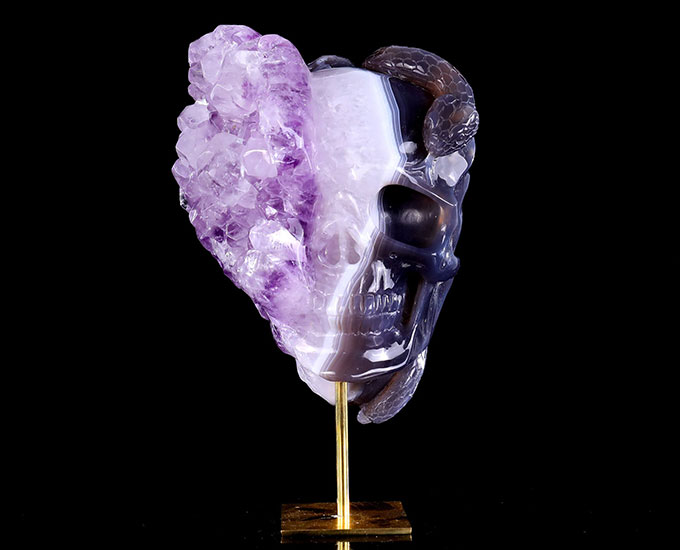 7.9" Amethyst Druse Agate Hand Carved Mineral Specimen Skull Sculpture