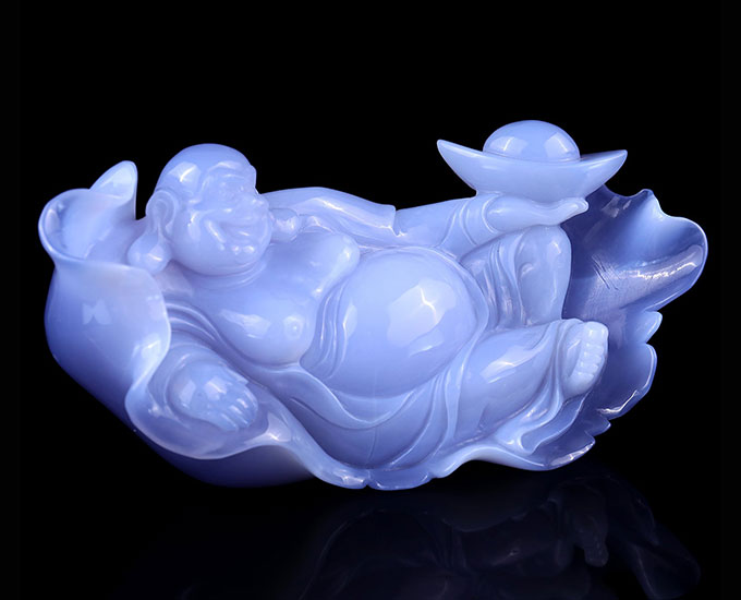 Gemstone 8.7" Blue Chalcedony Hand Carved Crystal Buddha Sculpture