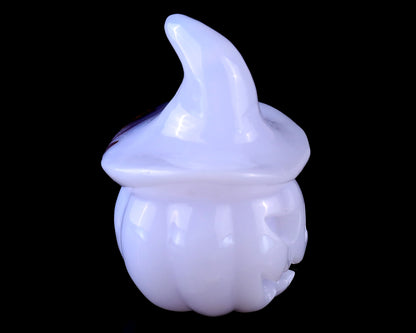3.3” Natural Blue Chalcedony Hand Carved Crystal Wizard Pumpkin Sculpture, Halloween Gift