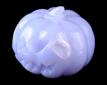 2.6” Natural Blue Chalcedony Hand Carved Crystal Pumpkin Sculpture, Halloween Gift