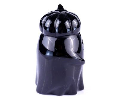 Cute 3.0" Black Obsidian Hand Carved Crystal Pumpkin Ghost Sculpture,Halloween Gift