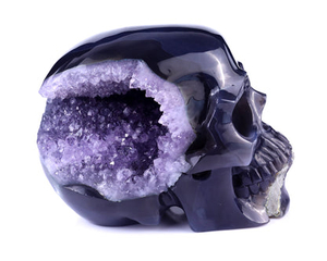 Unique 6.9" Geode Agate Hand Carved Crystal Geode Skull Sculpture