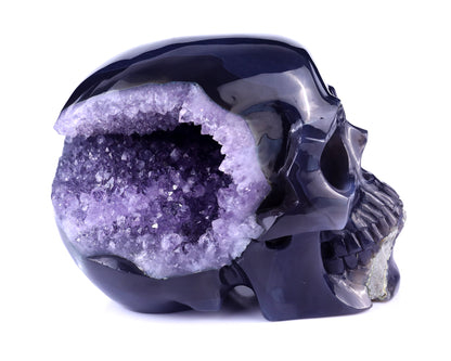 Unique 6.9" Geode Agate Hand Carved Crystal Geode Skull Sculpture