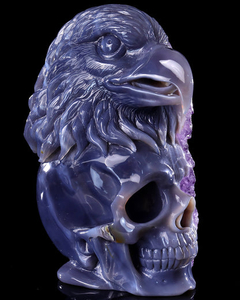 Unique 7.2" Amethyst Druse Agate Hand Carved Mineral Specimen Skull and Eagle Sculpture