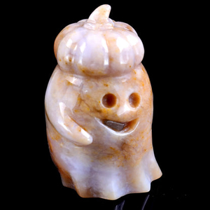 3.1” Natural Chalcedony Hand Carved Crystal Pumpkin Ghost Sculpture, Halloween Gift