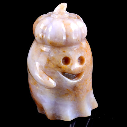 3.1” Natural Chalcedony Hand Carved Crystal Pumpkin Ghost Sculpture, Halloween Gift