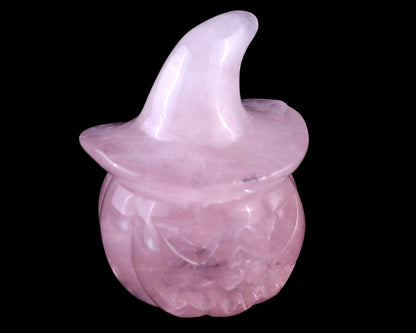 2.3” Natural Rose Quartz Hand Carved Crystal Wizard Pumpkin Sculpture, Halloween Gift