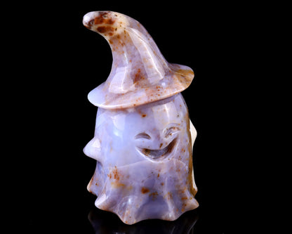 3.6” Natural Chalcedony Hand Carved Crystal Wizard Ghost Sculpture, Halloween Gift
