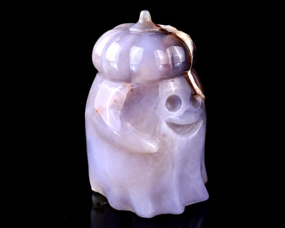 3.0” Natural Chalcedony Hand Carved Crystal Pumpkin Ghost Sculpture, Halloween Gift