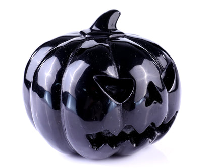 3.5” Natural Black Obsidian Hand Carved Crystal Pumpkin Sculpture, Halloween Gift