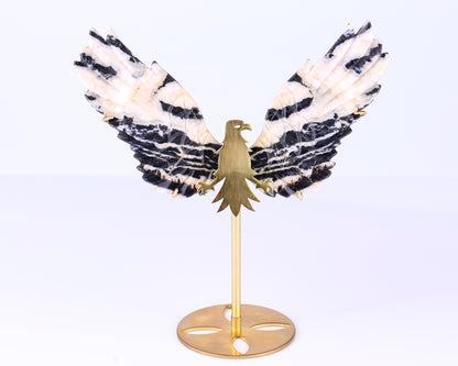 5.1" Black and White Zebra Agate Hand Carved Crystal Eagle Wings Sculpture
