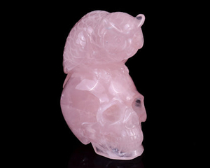 Unique 5.5" Rose Quartz Hand Carved Crystal Realistic Skull with Owl Sculpture