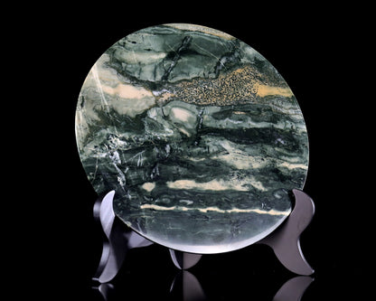 9” Natural Jiulong Jade Crystal Circular Display Plate Sculpture with Wooden Stand