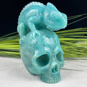Amazing Gemstone Amazonite Carved Crystal Skull With Lizard Sculpture