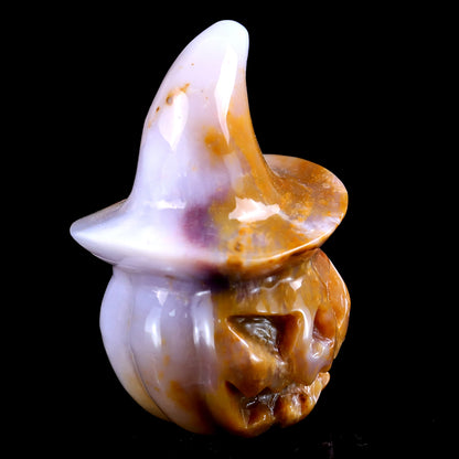 3.4” Natural Chalcedony Hand Carved Crystal Wizard Pumpkin Sculpture, Halloween Gift