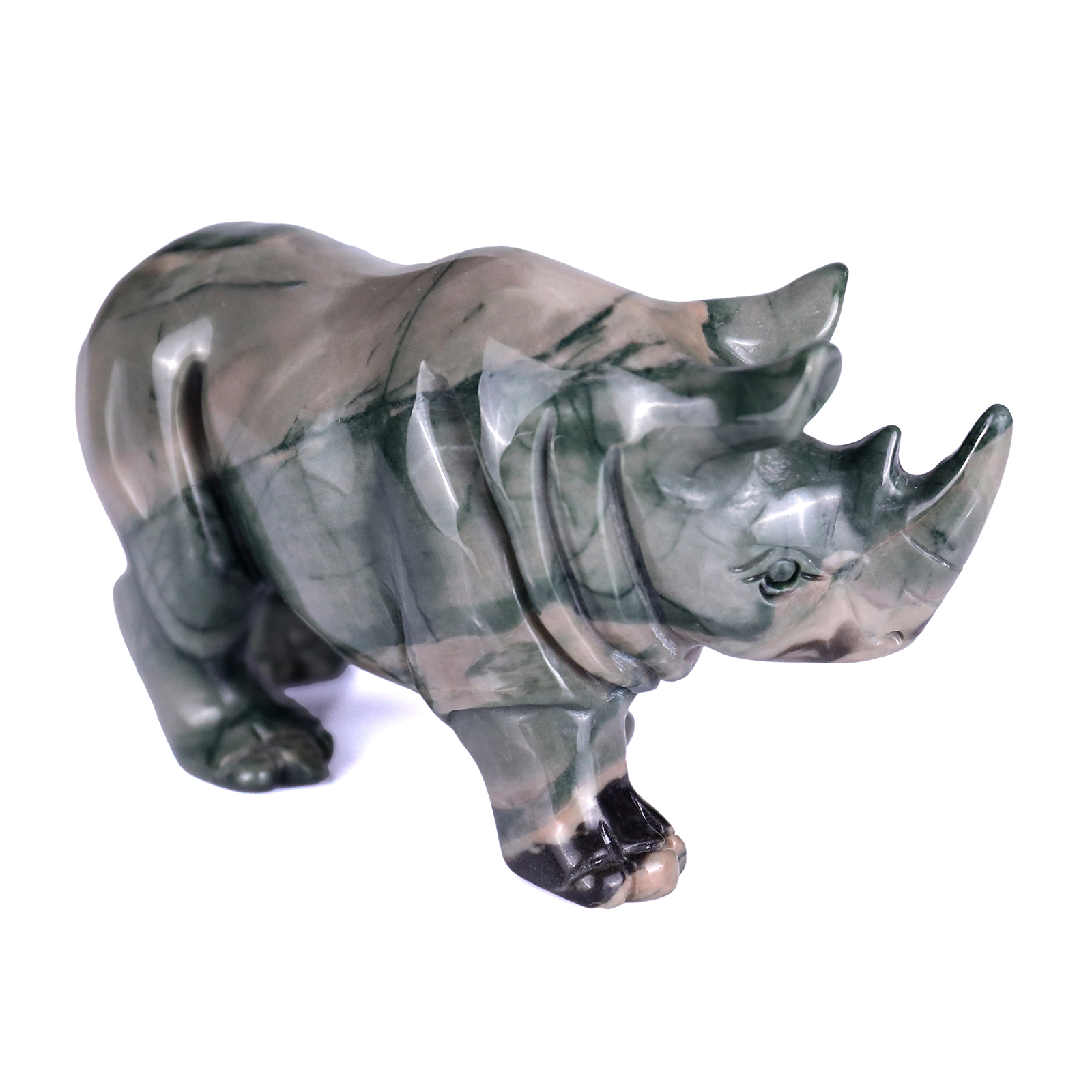 Natural Green Jiulong Jade Rhinoceros Carved 
