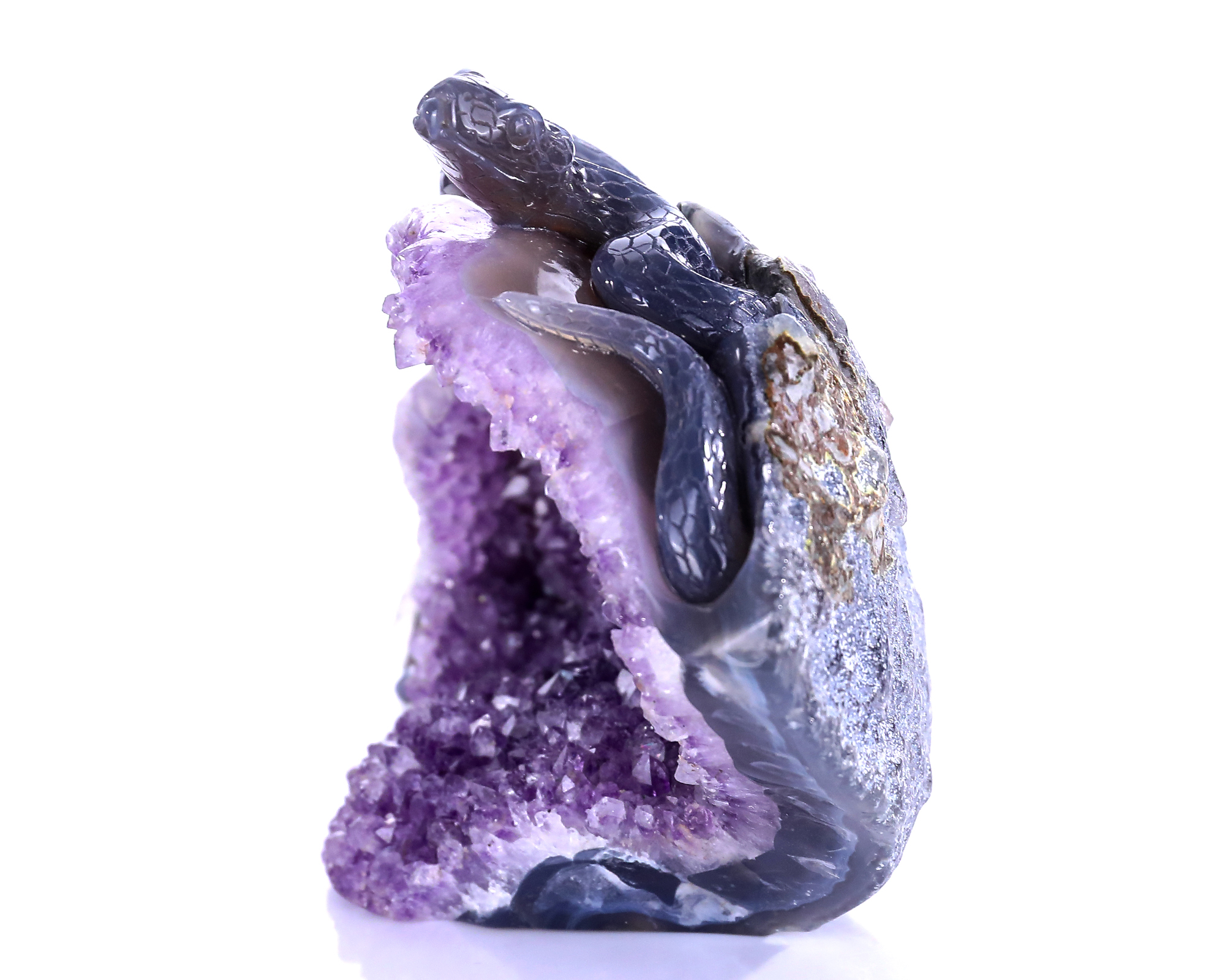 Unique Double - Snake Carved Amethyst Geode Cluster Ornament