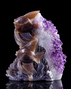 6.7" Amethyst Cluster Fish Carving, Exquisite Gemstone Sculpture for Decoration & Blessings