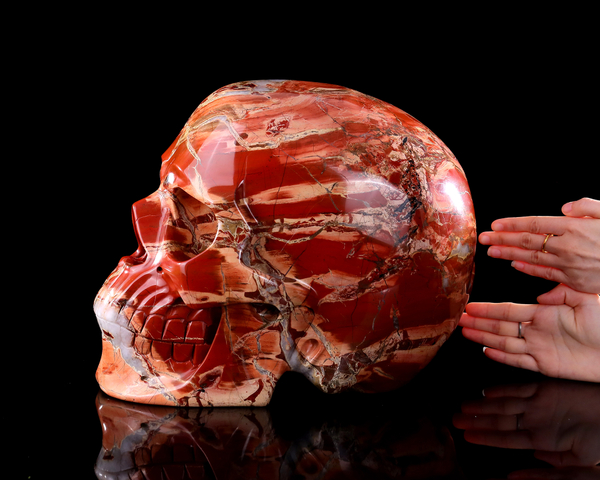 Natural Red Jasper Hand-Carved Life-Size Human Skull Statue - Large Crystal Healing Sculpture Decor