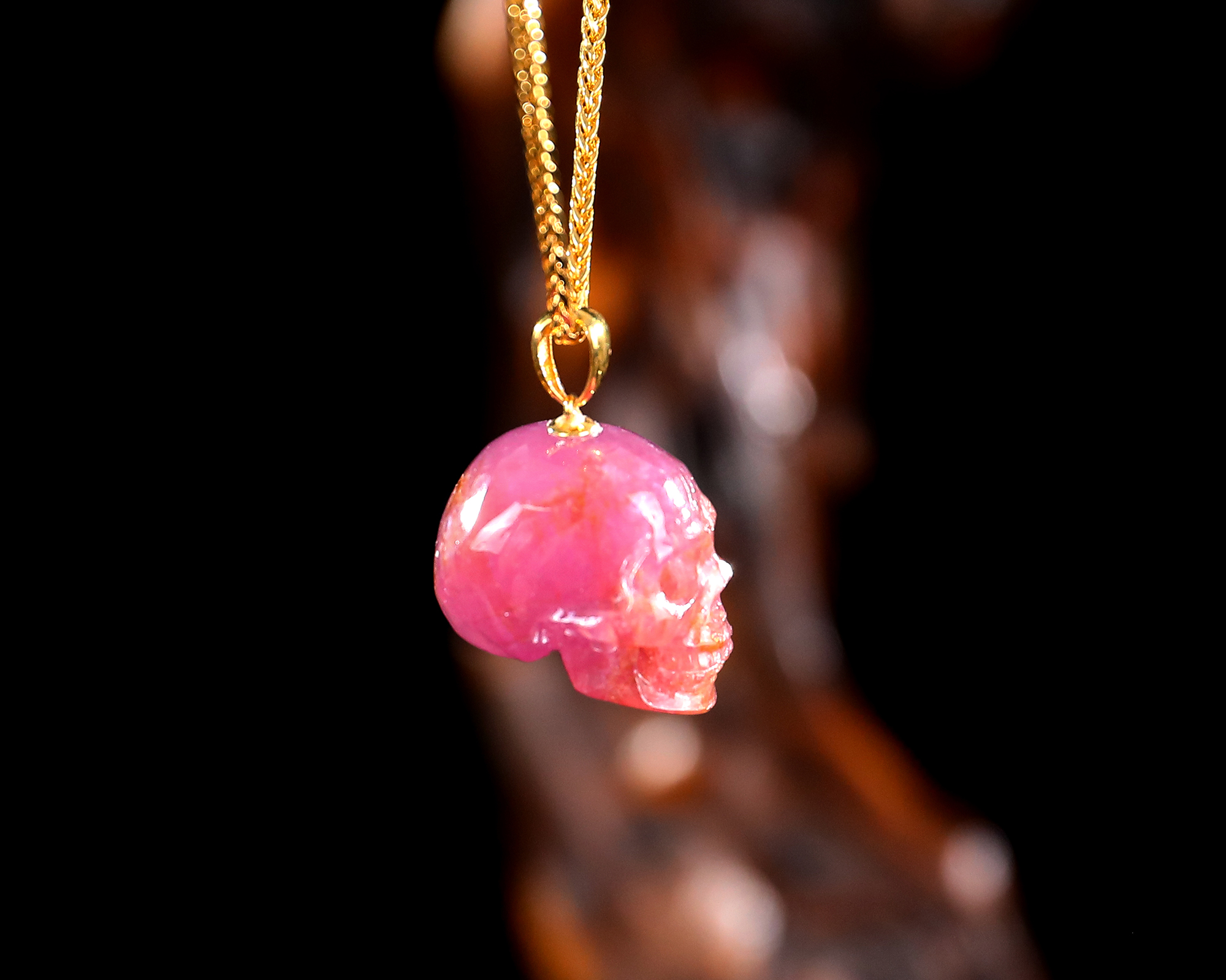 20mm Mini Hand Carved Ruby Skull Pendant - 18K Gold Clasp Luxury Gemstone Jewelry