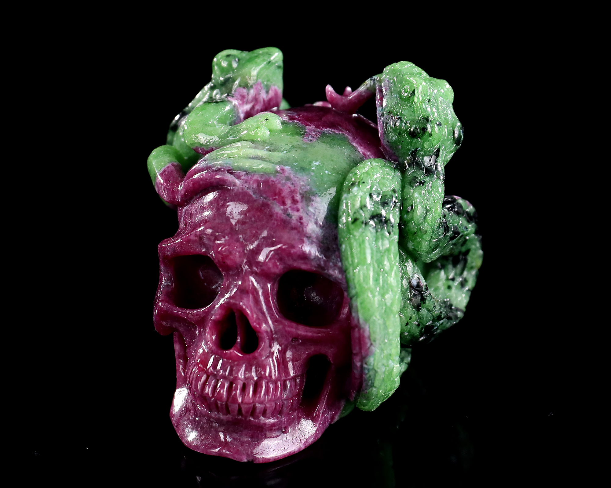 2.9-inch Hand Carved Rubellite and Garnet Frog with Snake Skull - Metaphysical Decorative Artwork
