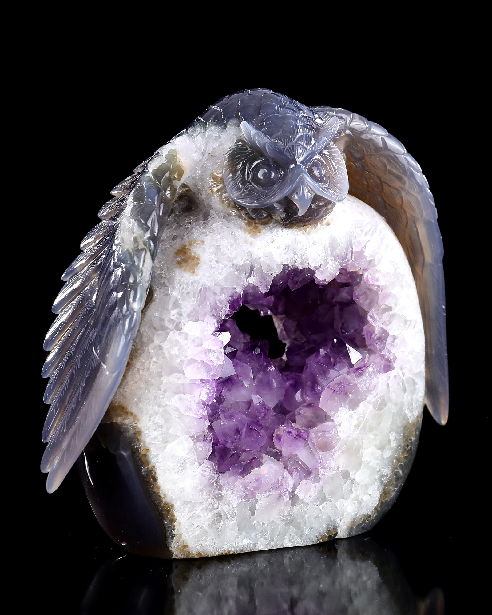 Unique 7-Inch Amethyst Cluster Owl - Hand Carved Natural Gemstone Sculpture for Healing