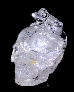 3.8-inch Hand Carved Clear Quartz Skull with Frog - Natural Crystal Sculpture for Spiritual Decor & Collection