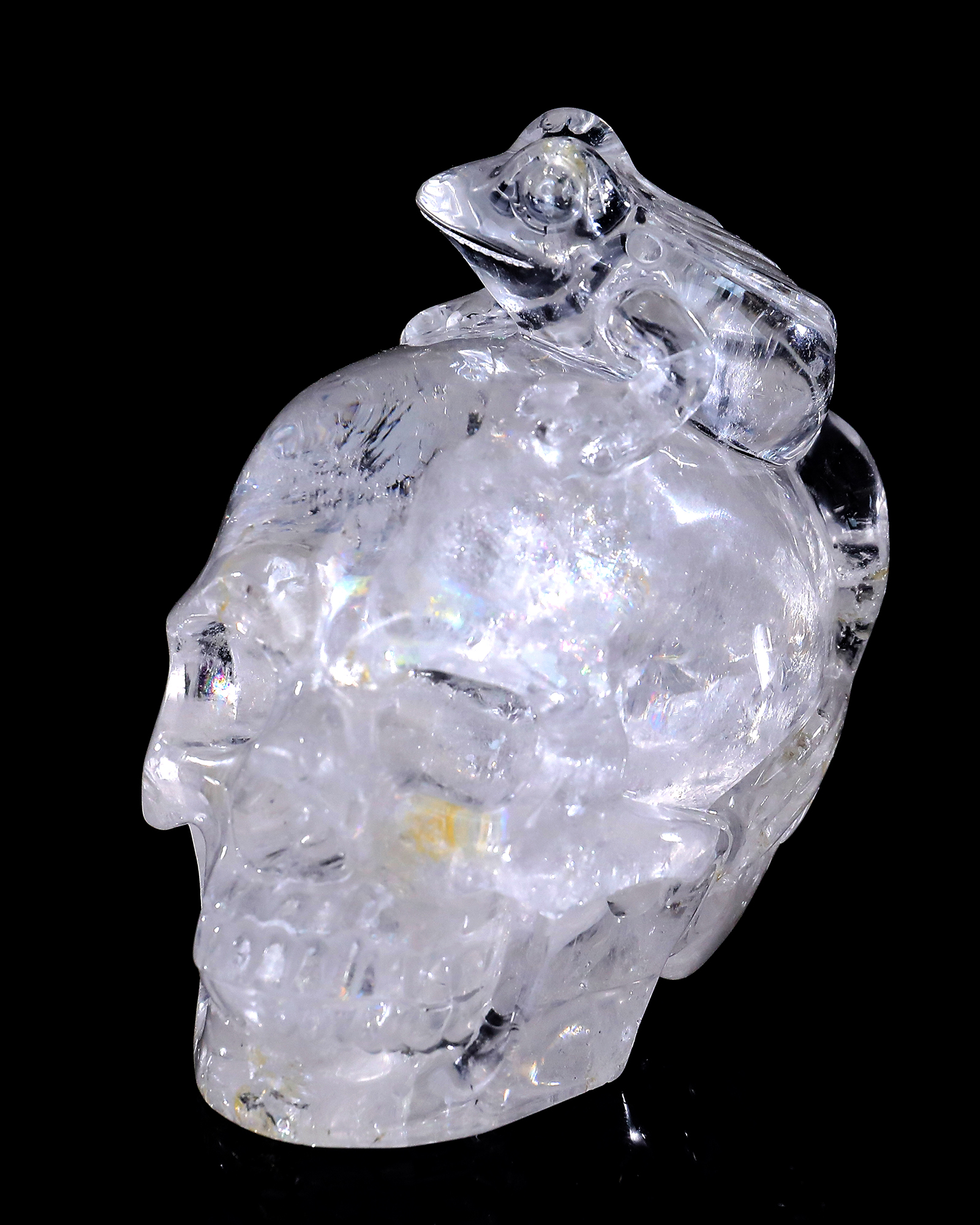 3.8-inch Hand Carved Clear Quartz Skull with Frog - Natural Crystal Sculpture for Spiritual Decor & Collection