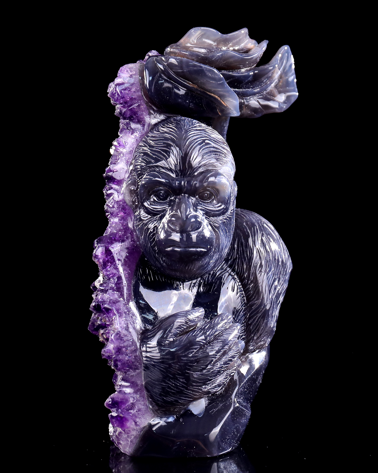 7.7 Inch Amethyst Cluster Gorilla Sculpture - Hand-Carved Crystal Figurine with Lifelike Design 