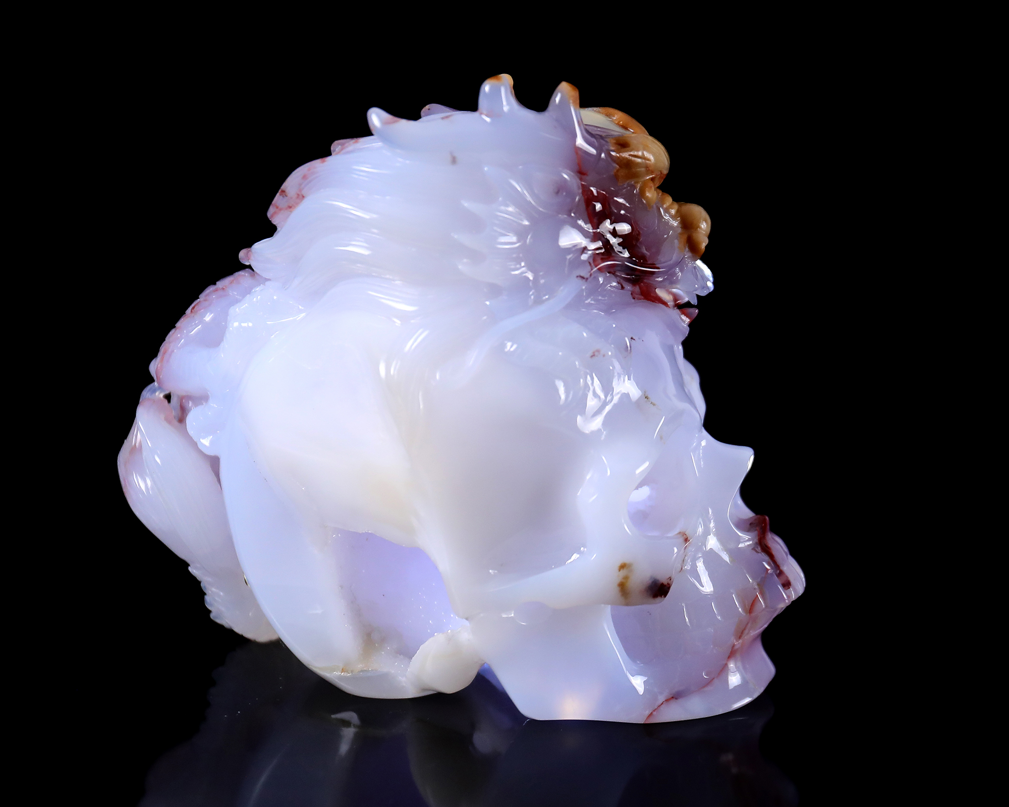 6 Inch Hand-Carved Natural Blue Chalcedony Skull with Chinese Dragon | Rare Multi-Color Gemstone with Geode