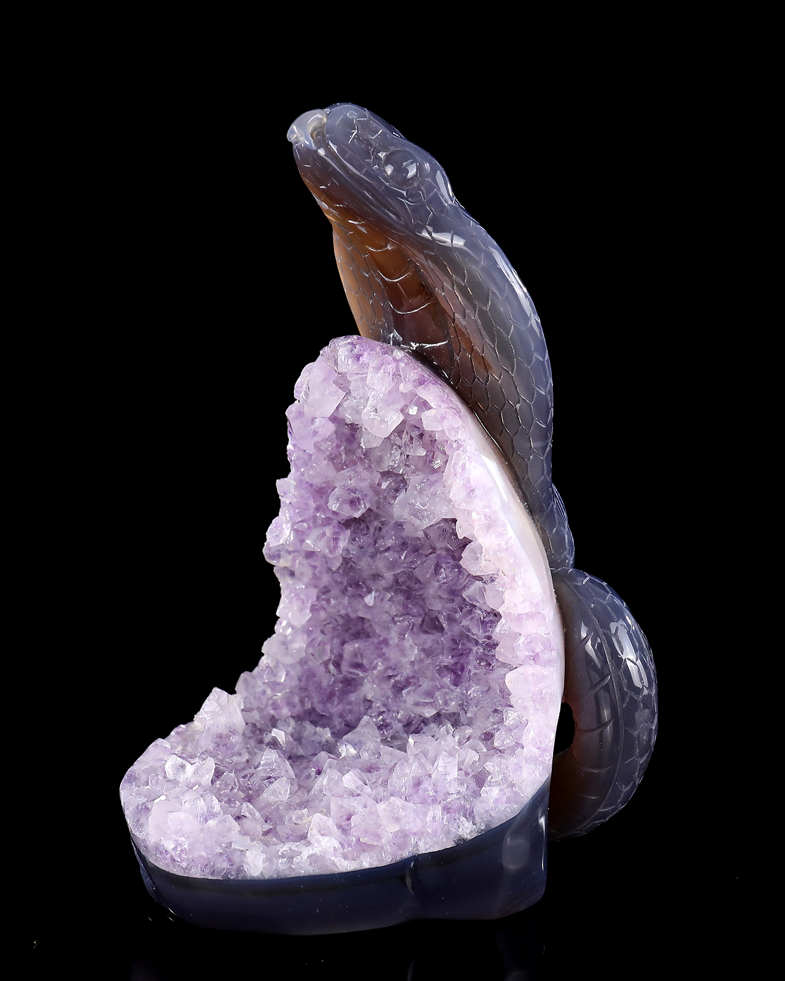 7 Inch Amethyst Cluster Snake Sculpture - Hand-Carved Crystal Figurine with Lifelike Design & Intricate Scale Details