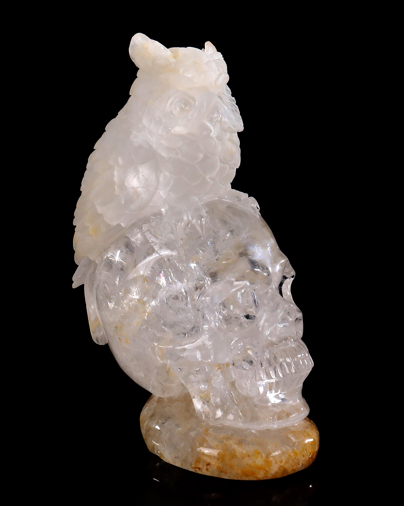 6 Inch Handcrafted Clear Crystal Skull with Owl Accent – Artisanal Carved Spiritual Decor